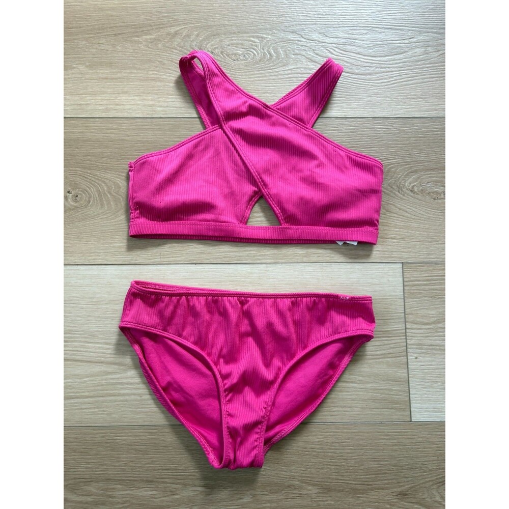 Abercrombie Kids Girls Pink Ribbed Bikini Set 2 Piece Cross Neck Cutout 17/18